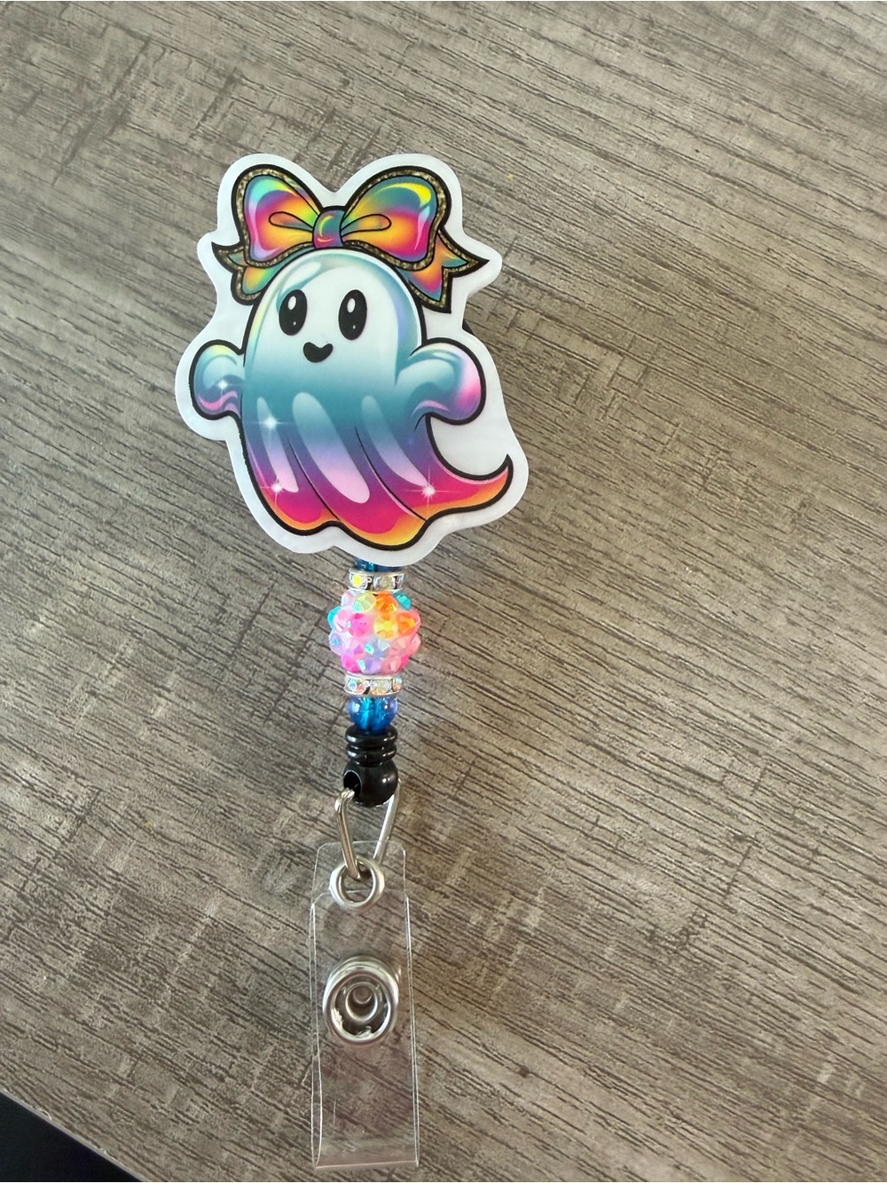 Cute Rainbow Ghost Badge Reel with Multicolor Bow